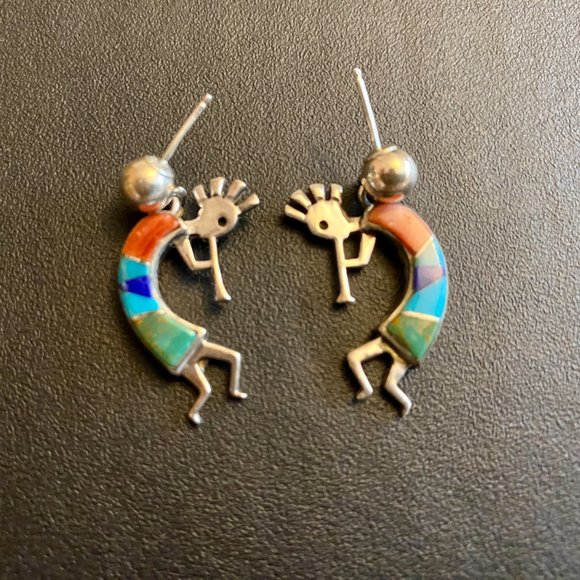 Kokopelli Flute Player Multi Inlay Sterling Silver 925 Earrings - Picture 3 of 12